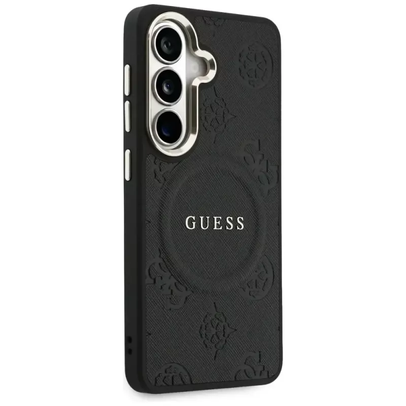 Guess Saffiano Peony Embossed Ring MagSafe Case für Samsung Galaxy S26 Schwarz