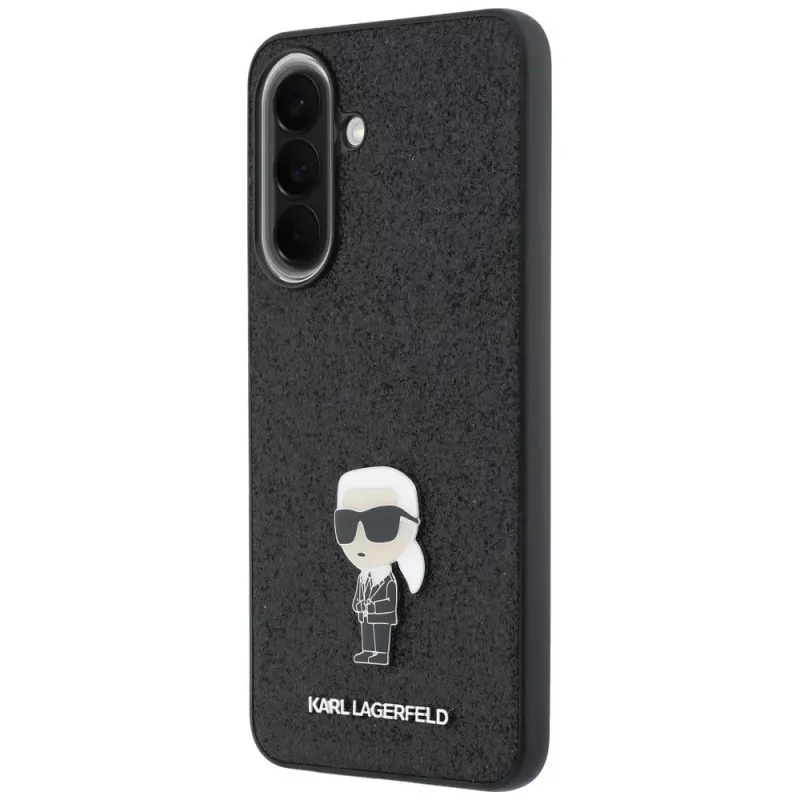 Karl Lagerfeld Fixed Glitter Ikonik Logo Metal Pin Back Cover für Samsung Galaxy A57 5G, Schwarz