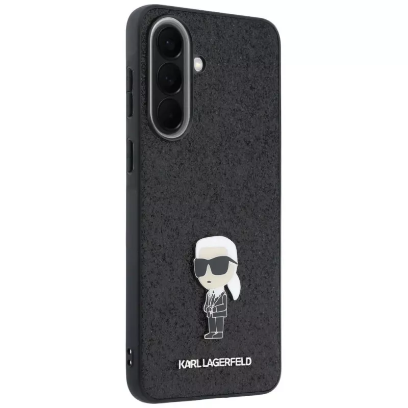 Karl Lagerfeld Fixed Glitter Ikonik Logo Metal Pin Back Cover für Samsung Galaxy A57 5G, Schwarz