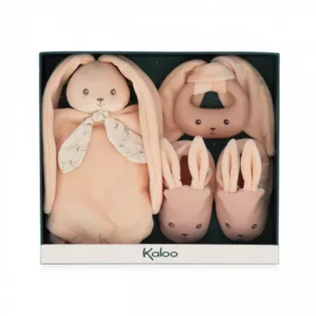 Kaloo 3-in-1 Baby-Geschenkset Hase (Kuscheltuch + Beißring + Booties) Pfirsich Lapinoo