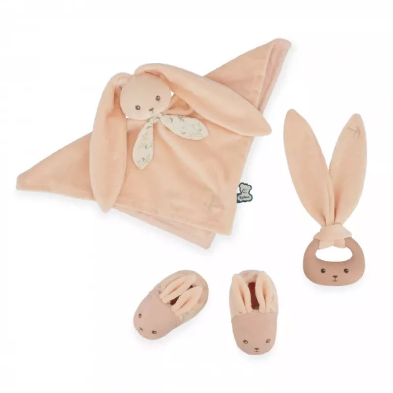Kaloo 3-in-1 Baby-Geschenkset Hase (Kuscheltuch + Beißring + Booties) Pfirsich Lapinoo