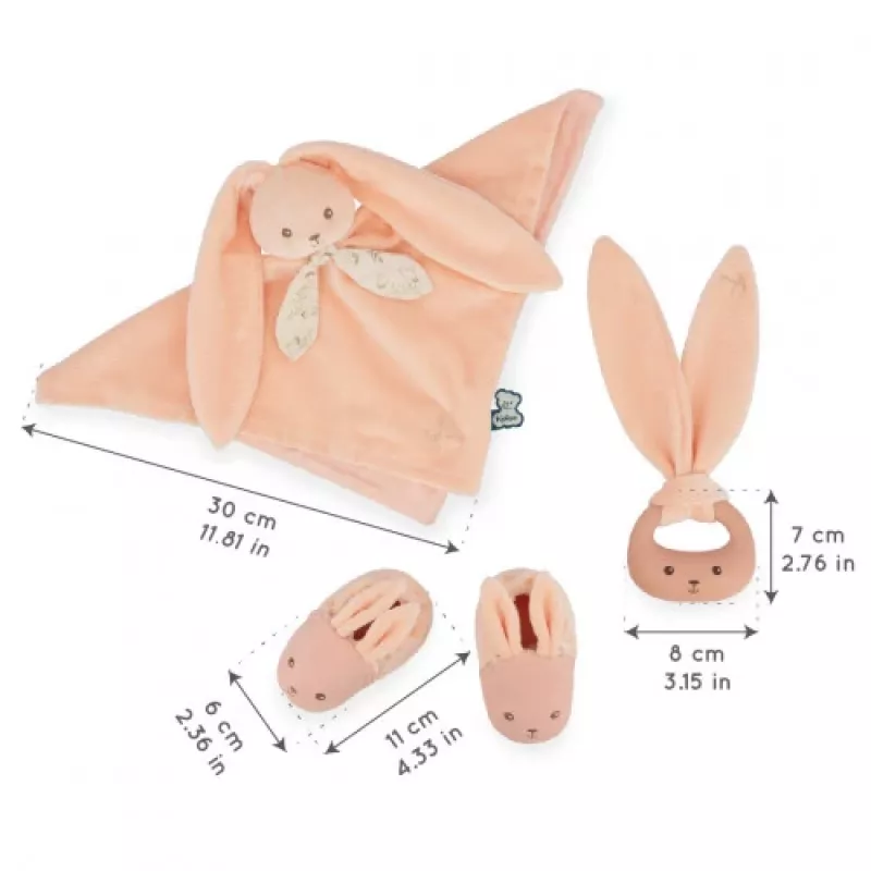 Kaloo 3-in-1 Baby-Geschenkset Hase (Kuscheltuch + Beißring + Booties) Pfirsich Lapinoo