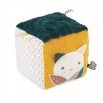 Kaloo Stimuli Sensory Activity Cube - Mehrfarbiger Stoff-Würfel für Babys mit Rassel, Knisterpapier, Spiegel und Beißring