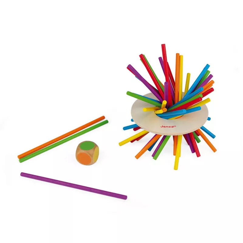Janod Crazy Sticks Balancespiel – Geschicklichkeitsspiel aus Holz für 1–4 Spieler, mehrfarbig
