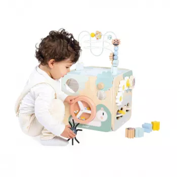 Janod Sweet Cocoon Multi-Activity Cube mit Perlenlabyrinth, Formensortierer, Abakus, Zahnrädern, Schiebeelementen, Drehblöcken, Stapelspiel - FSC-zertifiziertes Holz, Pastellfarben, Alter 18 Monate bis 3 Jahre