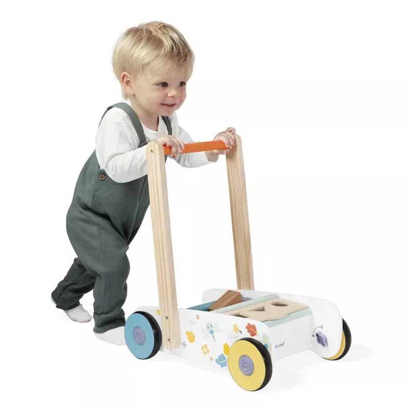 Janod Pure Schiebe-Lauflernwagen mit Bausteinen und Formensortierer, 12m+
