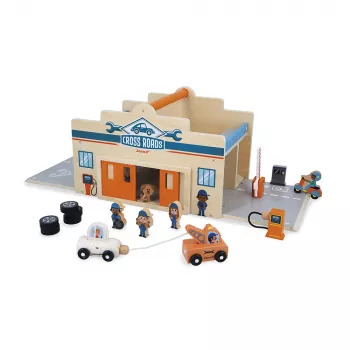 Janod Holzgarage mit Figuren und Öffnungsmechanismus Cross Roads 2+