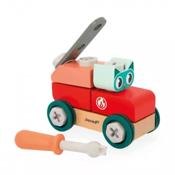 Janod Bricolo DIY Katzen-Montagespielzeug-Fahrzeug - 17 Teile, FSC-Holz, ab 2 Jahren