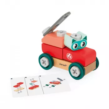 Janod Bricolo DIY Katzen-Montagespielzeug-Fahrzeug - 17 Teile, FSC-Holz, ab 2 Jahren