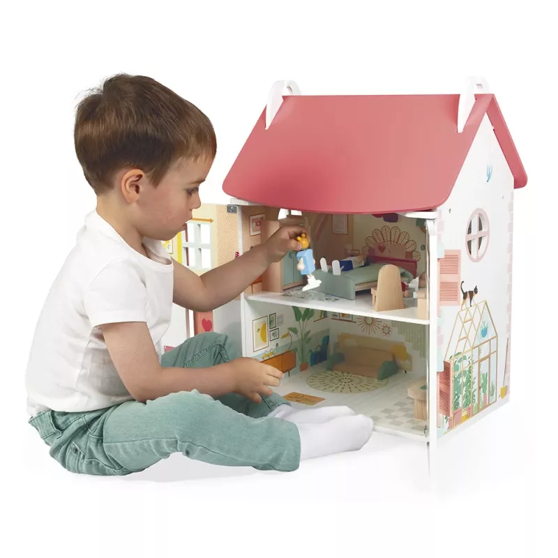 JANOD Lilliputiens Puppenhaus aus Holz mit 15 Zubehörteilen J06467