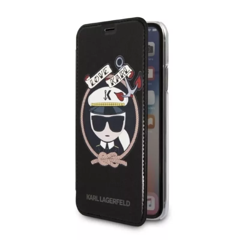 Karl Lagerfeld KLFLBKPXKSB Signature Glitter Bookcase für iPhone X/Xs, Schwarz
