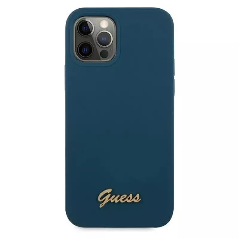 Guess GUHCP12LLSLMGBL Metal Logo Script Hard Case für Apple iPhone 12 Pro Max, Blau