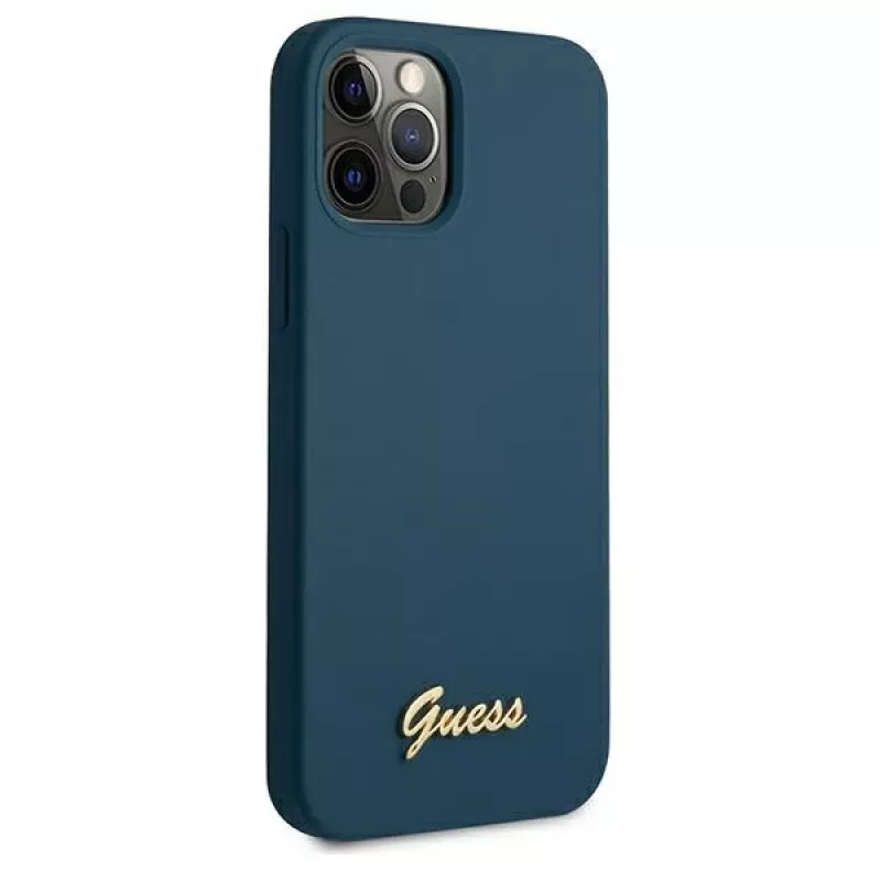Guess GUHCP12LLSLMGBL Metal Logo Script Hard Case für Apple iPhone 12 Pro Max, Blau