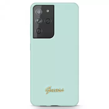 Guess GUHCS21LLSLMGLB Silicone Script Metal Logo Back Cover für Samsung Galaxy S21 Ultra (Blau)