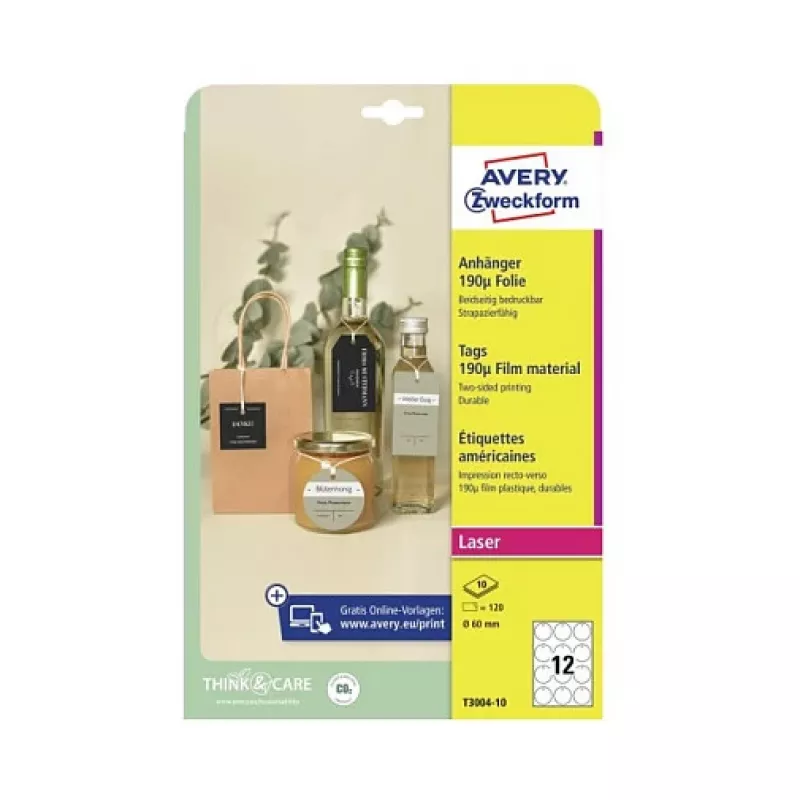 Avery Zweckform T3004-10 Nicht haftende runde Etiketten, Polyester, Weiß, 60 mm, 120 Etiketten