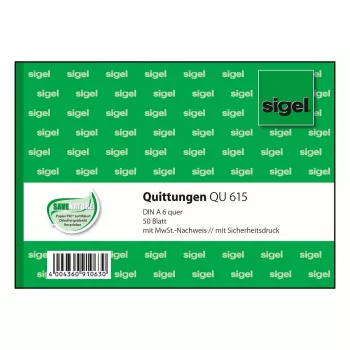 Sigel QU615 Quittungsbuch, A6 Querformat, 50 Blatt, Grün