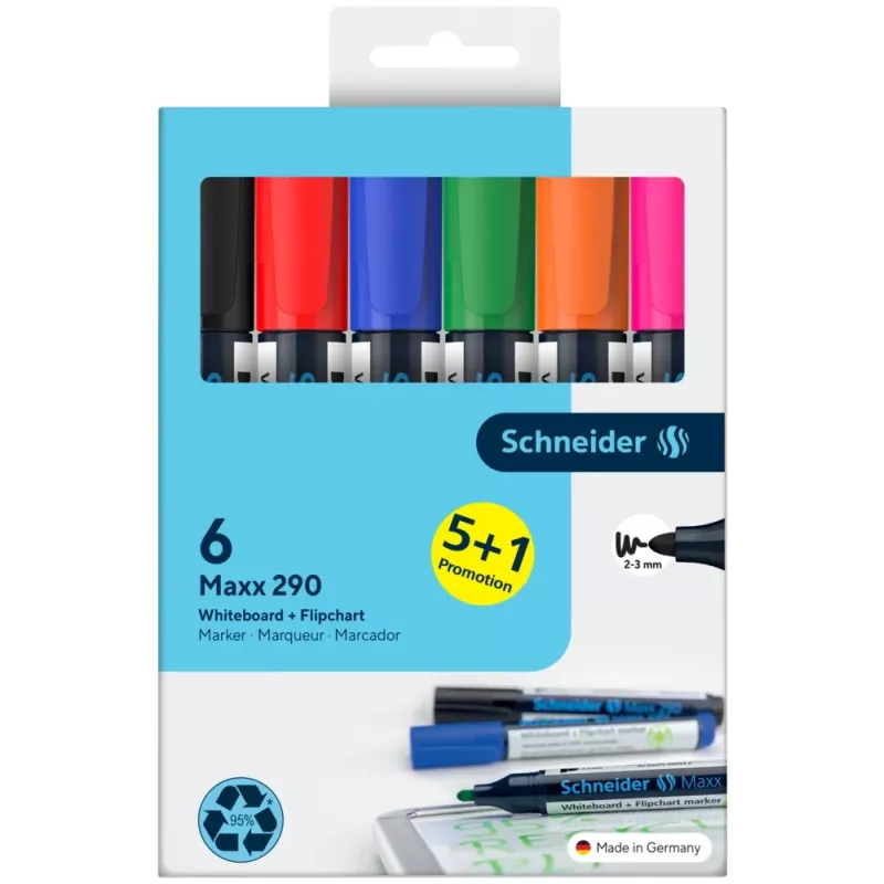 Schneider Maxx 290 Whiteboard- und Flipchart-Marker-Set, 6 Stück, verschiedene Farben, 2,0 - 3,0 mm