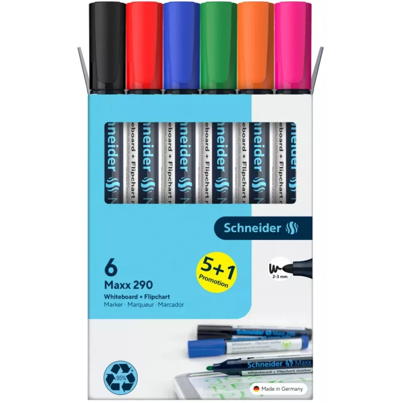 Schneider Maxx 290 Whiteboard- und Flipchart-Marker-Set, 6 Stück, verschiedene Farben, 2,0 - 3,0 mm