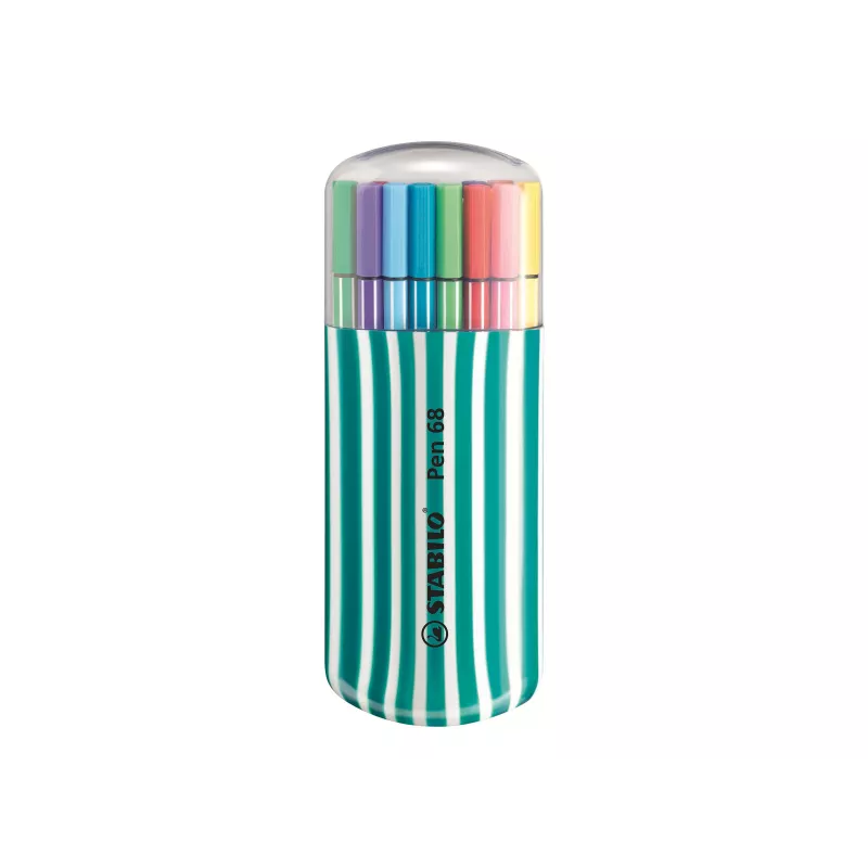 STABILO Pen 68 Filzstift-Set, 20 Farben sortiert, Kunststoffbox, Zebrui Türkis, 1 mm Strichstärke