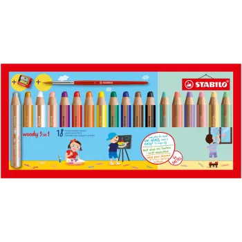 STABILO Woody 3-in-1 Multi-Talent Stift 7,6 cm 18-teiliges Pastell-Set mit Pinsel