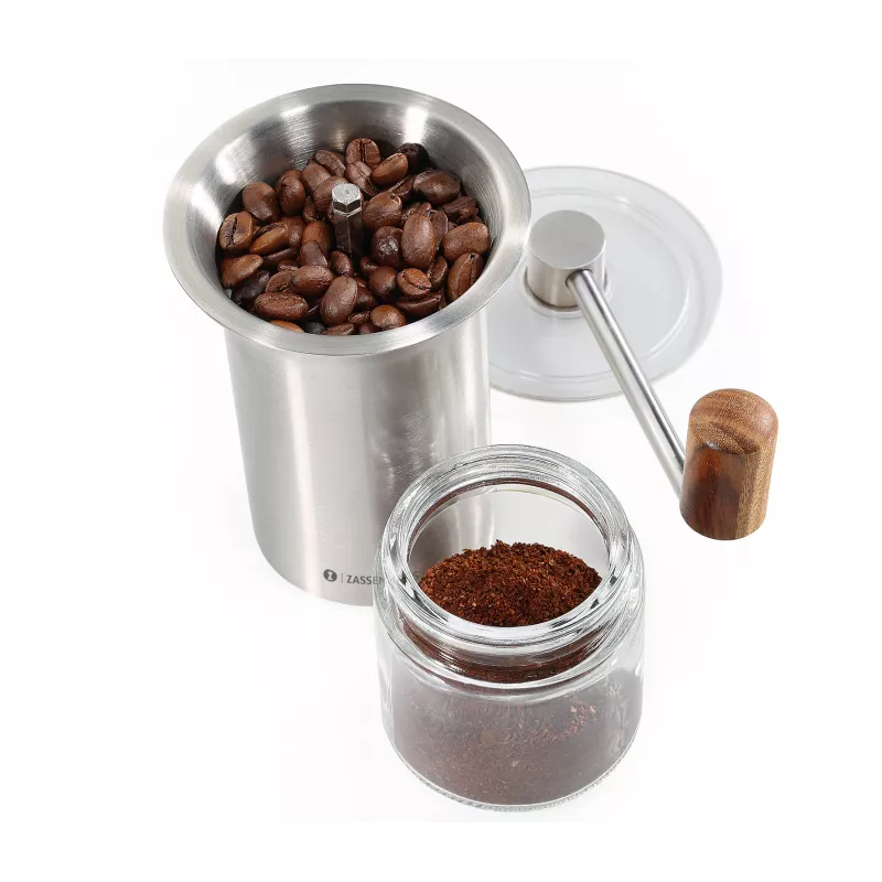 Zassenhaus Kaffeemühle BARISTA Edelstahl / Glas Handmühle mit Keramikmahlwerk