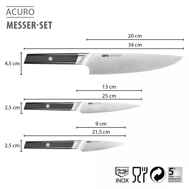 GEFU ACURO 3-teiliges Messerset - Kochmesser, Allzweckmesser und Schälmesser