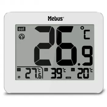 MEBUS 1074 Digitalthermometer mit Innen- und Außentemperatur, LCD-Anzeige, wandmontierbar, weiß