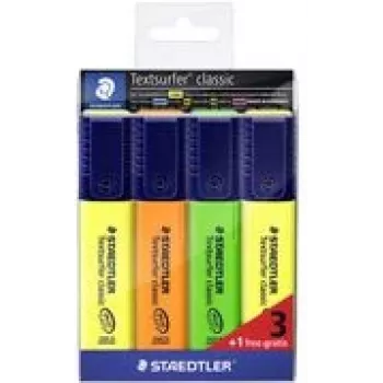 STAEDTLER Textsurfer Classic 3+1 Promopack Highlighter Set, Chisel Tip, 1.0-5.0 mm, Assorted Colors