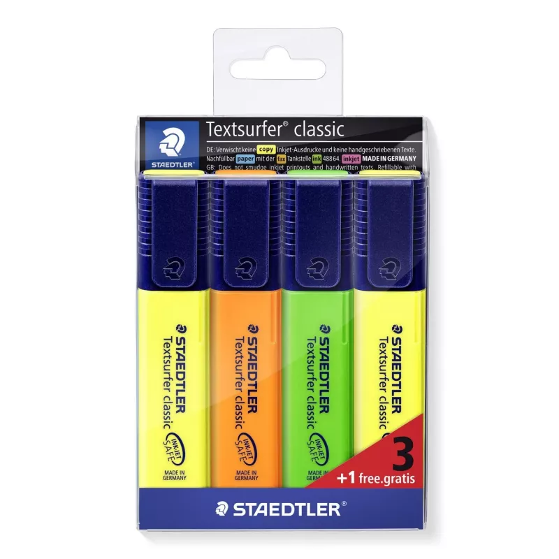 STAEDTLER Textsurfer Classic 3+1 Promopack Highlighter Set, Chisel Tip, 1.0-5.0 mm, Assorted Colors
