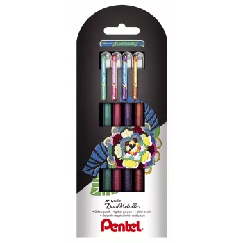 Pentel Dual Metallic Gel Pen Set - 4 Farben (Grün, Orange, Pink, Violett) - 0,5 mm Feinspitze - Kunststoffgehäuse - Blisterpackung