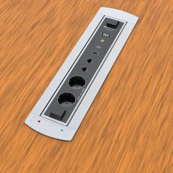 Kindermann CablePort Turn Tisch-Einbau-Dose mit 2 Schuko-Steckdosen, 2 RJ45 CAT6, 2 HDMI, 1 USB-A 3.0, 360°-Drehung, Silber/Schwarz