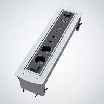Kindermann CablePort Turn Tisch-Einbau-Dose mit 2 Schuko-Steckdosen, 2 RJ45 CAT6, 2 HDMI, 1 USB-A 3.0, 360°-Drehung, Silber/Schwarz