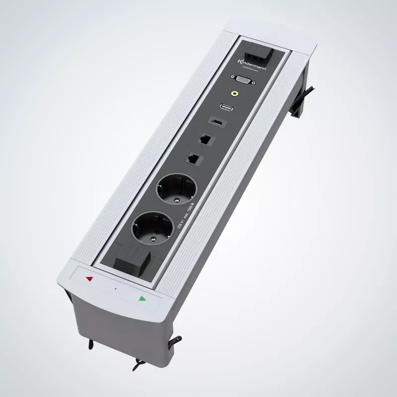 Kindermann CablePort Turn Tisch-Einbau-Dose mit 2 Schuko-Steckdosen, 2 RJ45 CAT6, 2 HDMI, 1 USB-A 3.0, 360°-Drehung, Silber/Schwarz