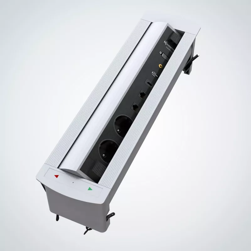 Kindermann CablePort Turn Tisch-Einbau-Dose mit 2 Schuko-Steckdosen, 2 RJ45 CAT6, 2 HDMI, 1 USB-A 3.0, 360°-Drehung, Silber/Schwarz