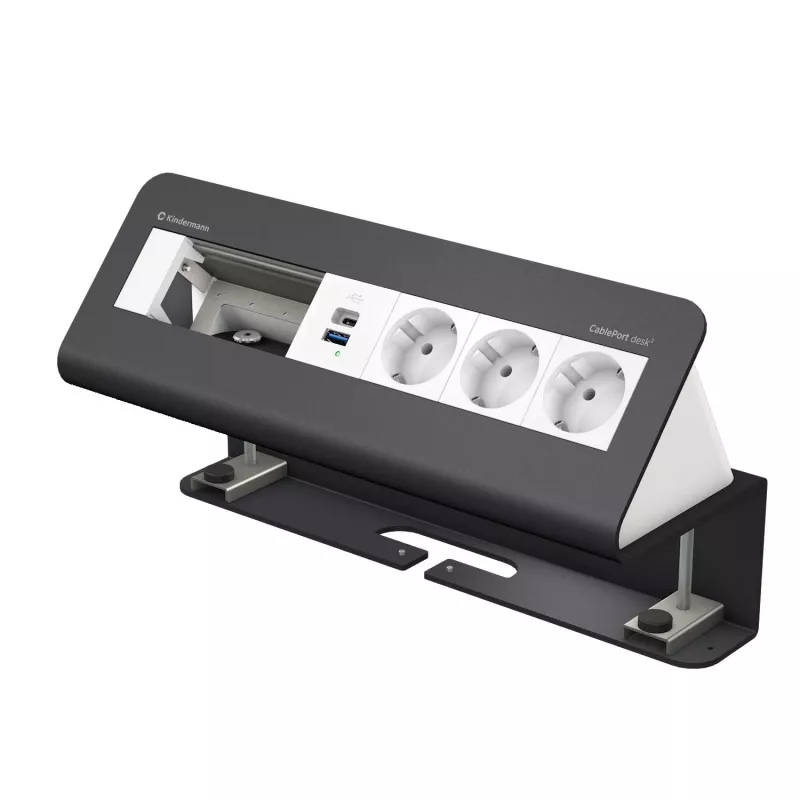 Kindermann CablePort desk² 6-fach 3x Schuko 2x USB-A Schreibtisch-Anschlussmodul Silber/Schwarz