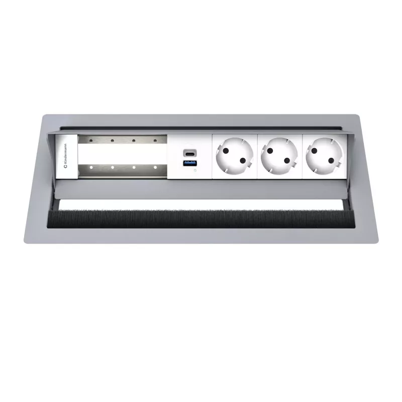 Kindermann CP Standard² 6-Fach Tischanschlussfeld mit 3x Strom und 1x USB-A-Ladefunktion, Silber