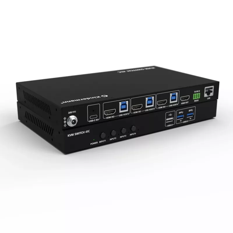 Kindermann KVM Switch 41C - 4-Port Digitaler KVM Switch mit DVI-D, USB, Audio, EDID-Emulation