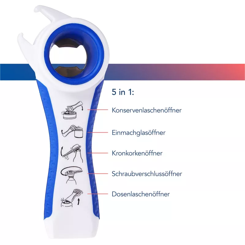 First Aid Only 5-in-1 Multi-Öffner für Flaschen und Dosen, Weiß/Blau, Reduziert Kraftaufwand