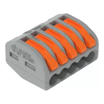 WAGO 222-415 5-Leiter Kompakt-Klemmblock mit Hebelbetätigung, Federzuganschluss, 32 A, 400 V, grau/orange