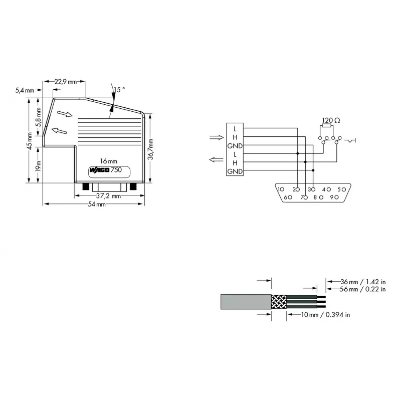WAGO 750-963 D-Sub-Anschlussmodul, 9-polig Buchse, Grau, IP20, für WAGO I/O System 750