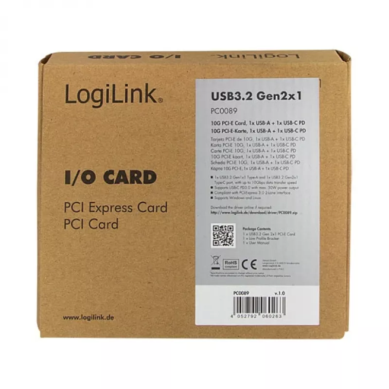 LogiLink PCI Express USB 3.2 Karte, 5 Gbps, 2 externe + 3 interne USB-A-Anschlüsse