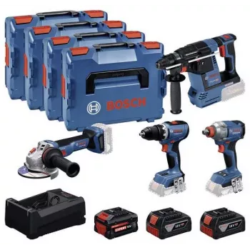 BOSCH POWERTOOLS Combo Kit 18V Akku-Bohrschrauber, Schlagschrauber, Bohrhammer, Winkelschleifer (4-Tool Kit)