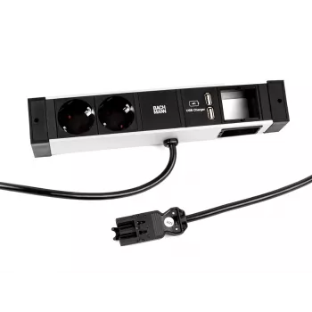 Bachmann DESK Rail Steckdosenleiste mit 2 Schuko-Steckdosen und 2 USB-Ladeanschlüssen, 2m Kabel, Silber/Schwarz