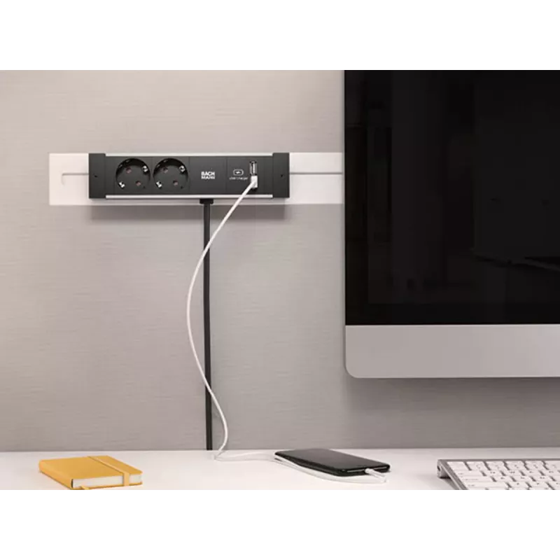 Bachmann DESK Rail Steckdosenleiste mit 2 Schuko-Steckdosen und 2 USB-Ladeanschlüssen, 2m Kabel, Silber/Schwarz