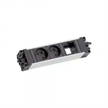 Bachmann 906.0238 STEP ALU Desk Strom- & Datenmodul, 2x Typ E Steckdosen, 2x Keystone Slots, 3m Kabel, Silber/Schwarz