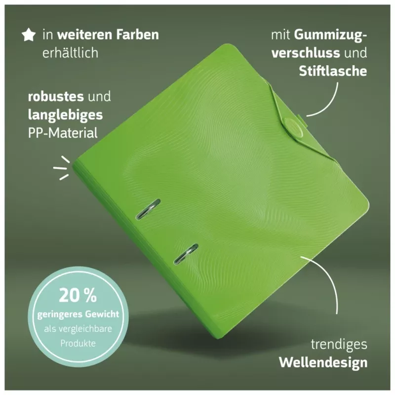 BRUNNEN WAVE Hebeldeckelordner Kiwi Grün Kunststoff 7 cm DIN A4