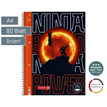 BRUNNEN College Block Ninja Power Lineatur 27 liniert DIN A4 Innenrand, 80 Blatt, spiralgebunden, 4-fach gelocht, perforiert, 70 g/m², weiß