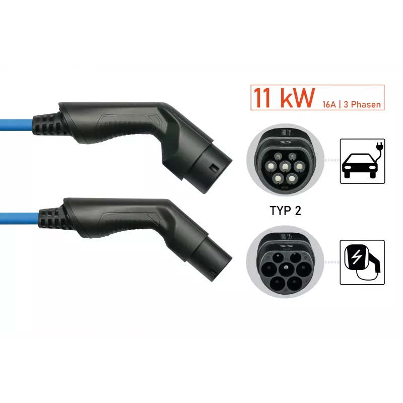 kabelmeister® EV-Ladekabel Mode 3, Typ 2 Stecker auf Kupplung, 3-phasig, 16 A, 11 kW, Blau, 5 m