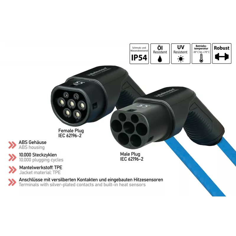 kabelmeister® EV-Ladekabel Mode 3, Typ 2 Stecker auf Kupplung, 3-phasig, 16 A, 11 kW, Blau, 5 m