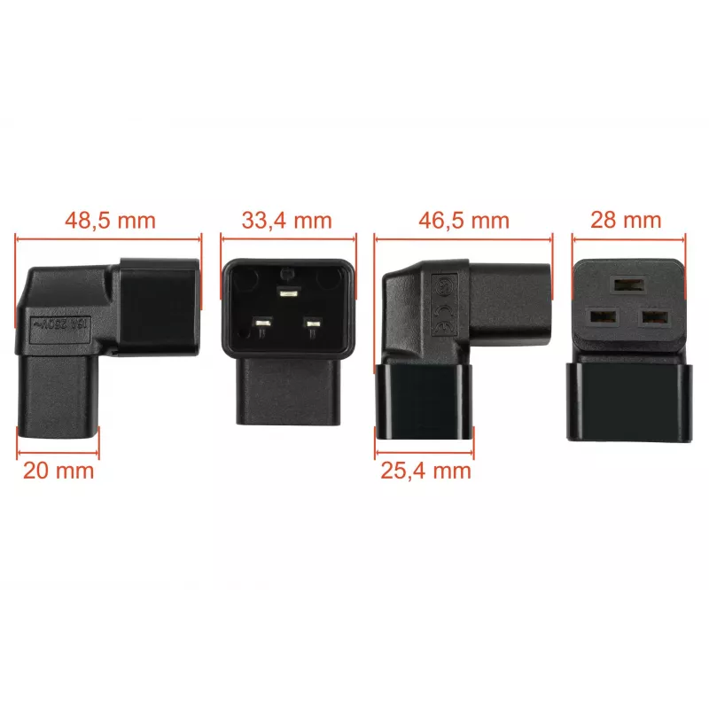Kabelmeister Netzadapter C20 Stecker auf C19 Kupplung gewinkelt Auf/Ab - 16A 250V 4000W Schwarz